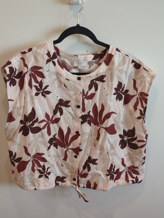 LOFT Tops - Coastal Resort LOFT Pink Burgundy Floral Palm Linen Cotton Boxy Crop Top Large